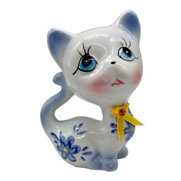 Sweet Vtg Blue Eye Cat Kitten White Figurine Anthropomorphic Mid Century Ceramic - Picture 1 of 7